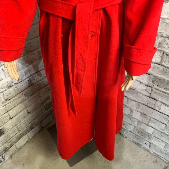 Vintage 90s Red Wool Cashmere Long Overcoat Double Breasted Belted Trench Coat - Picture 3 of 16